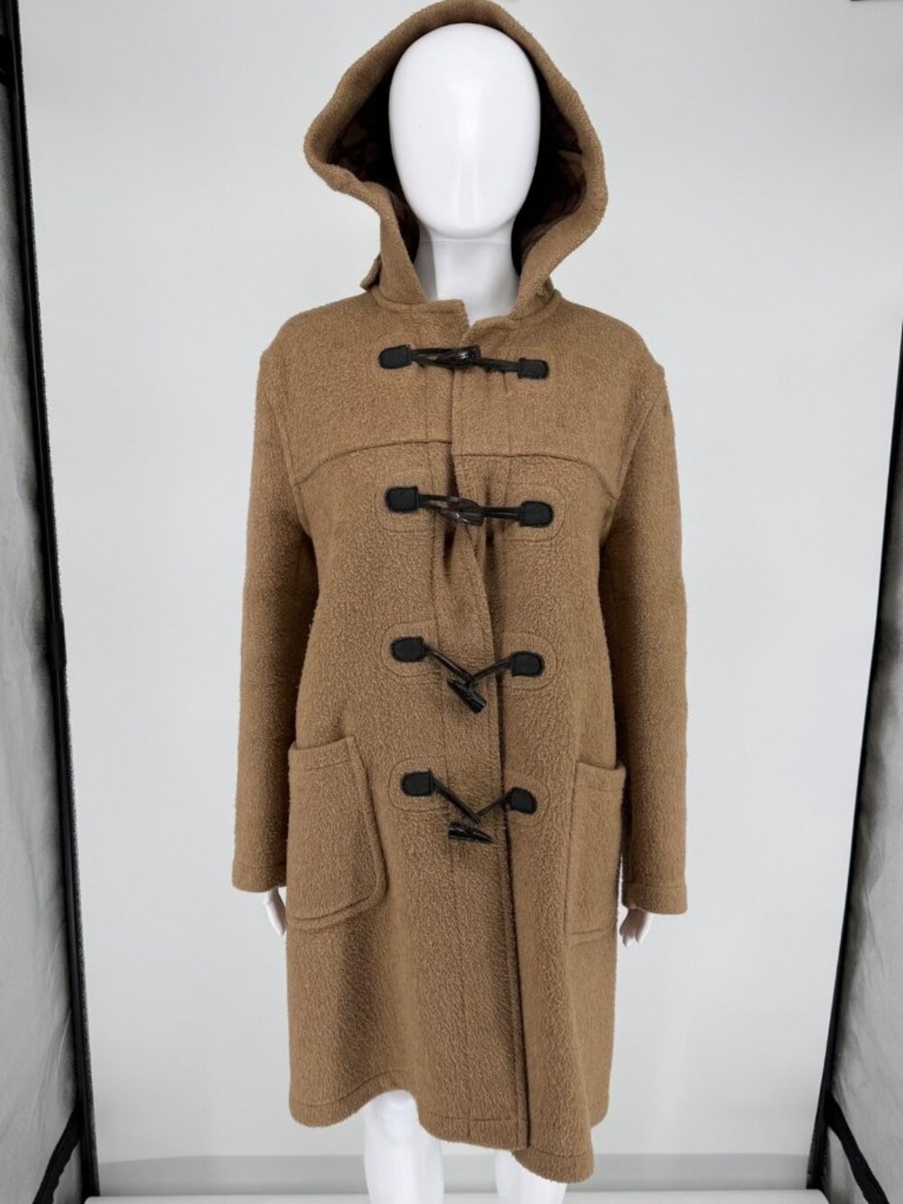 Vintage 1980s Made in England Tan Wool-Blend Hooded Duffle Coat (Size 14/XL)